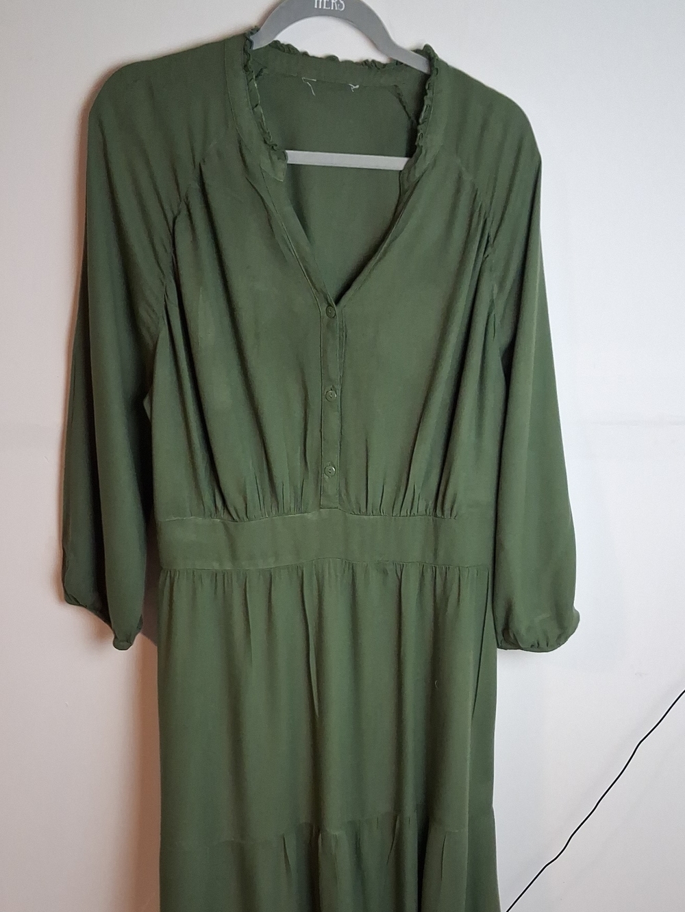 Olive Green V-Neck Button Front Women's Dress 2X Vintage Boho